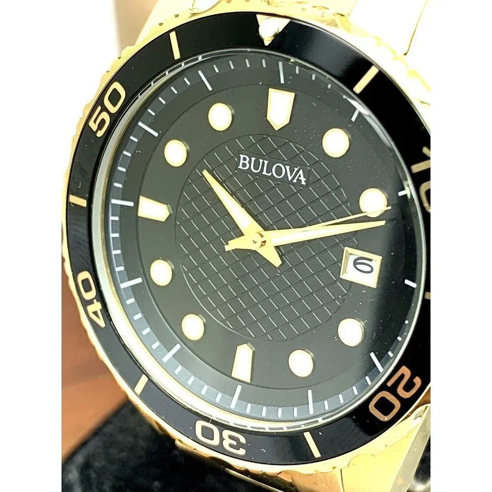 Bulova Men's Watch 98B375 Quartz Gold Black Dial Date Stainless Steel 43mm